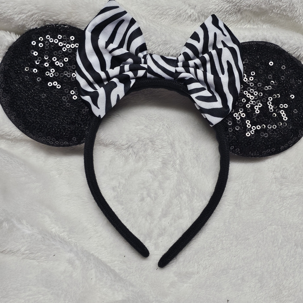 Disney Minnie Ears Zebra Print With Black Sequins